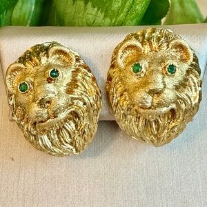 18 karat gold and emerald lion earrings